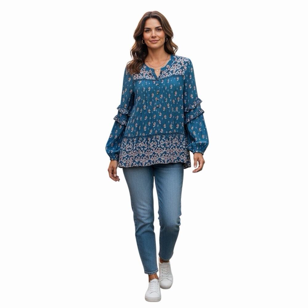 Knox Rose Peasant Blouse Blue Pink Floral Long Sleeve Ruffle Top Size L